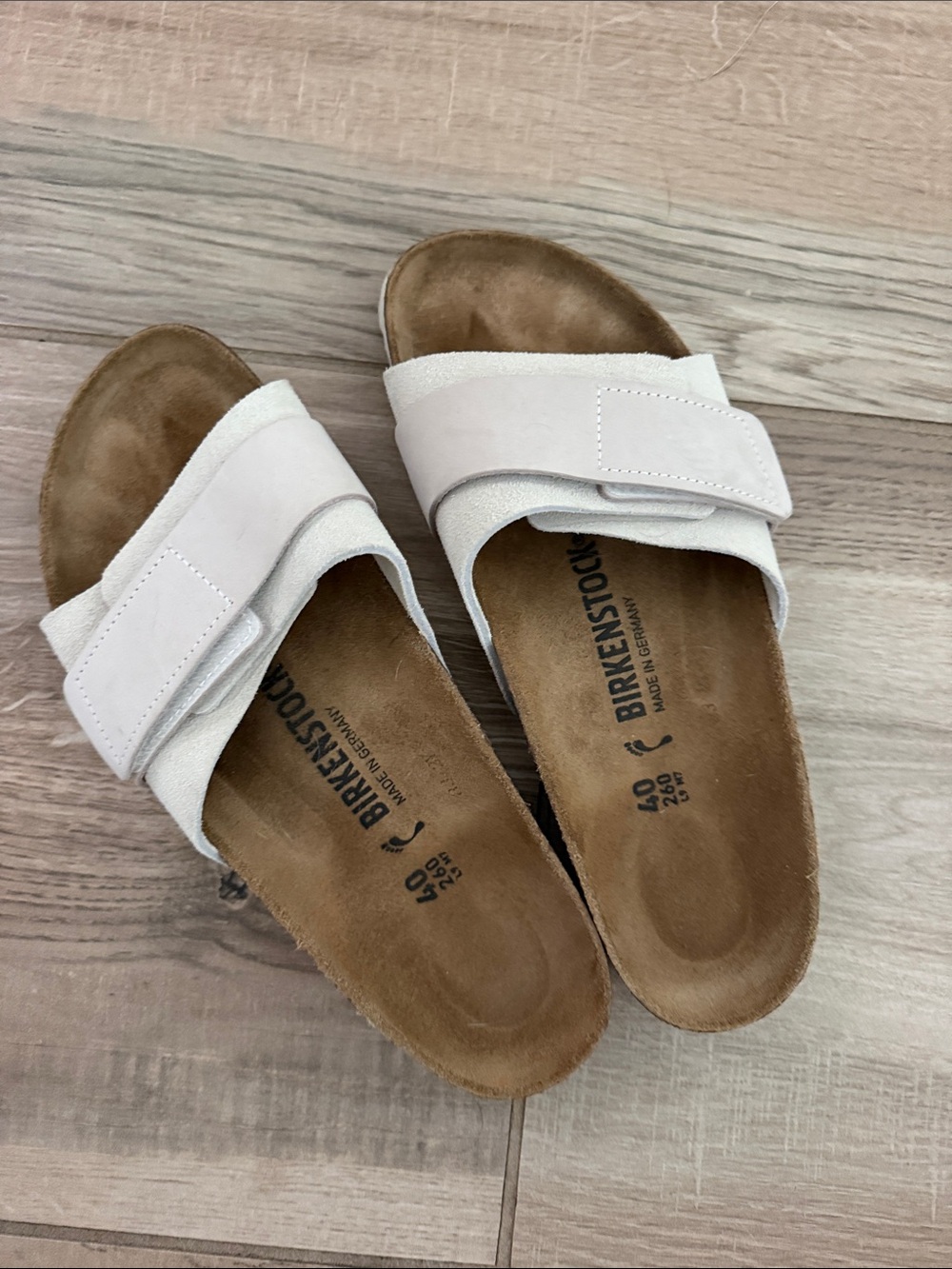 Birkenstock Oita Antique White Suede Adjustable Single-Strap Slide Sandals sz 40